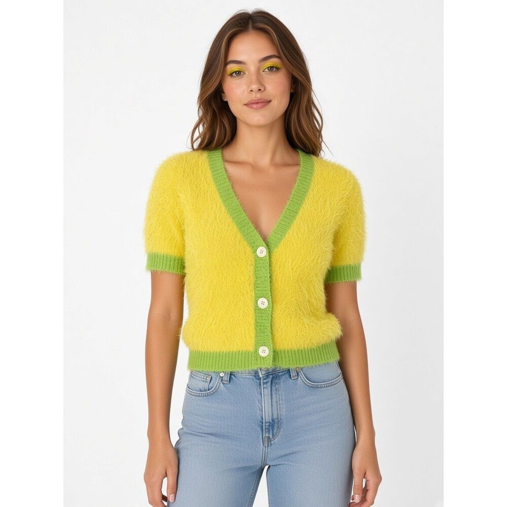 Wild Honey Fuzzy Cardigan Small Yellow Green Trim Short Sleeve Cropped Y2K Knit